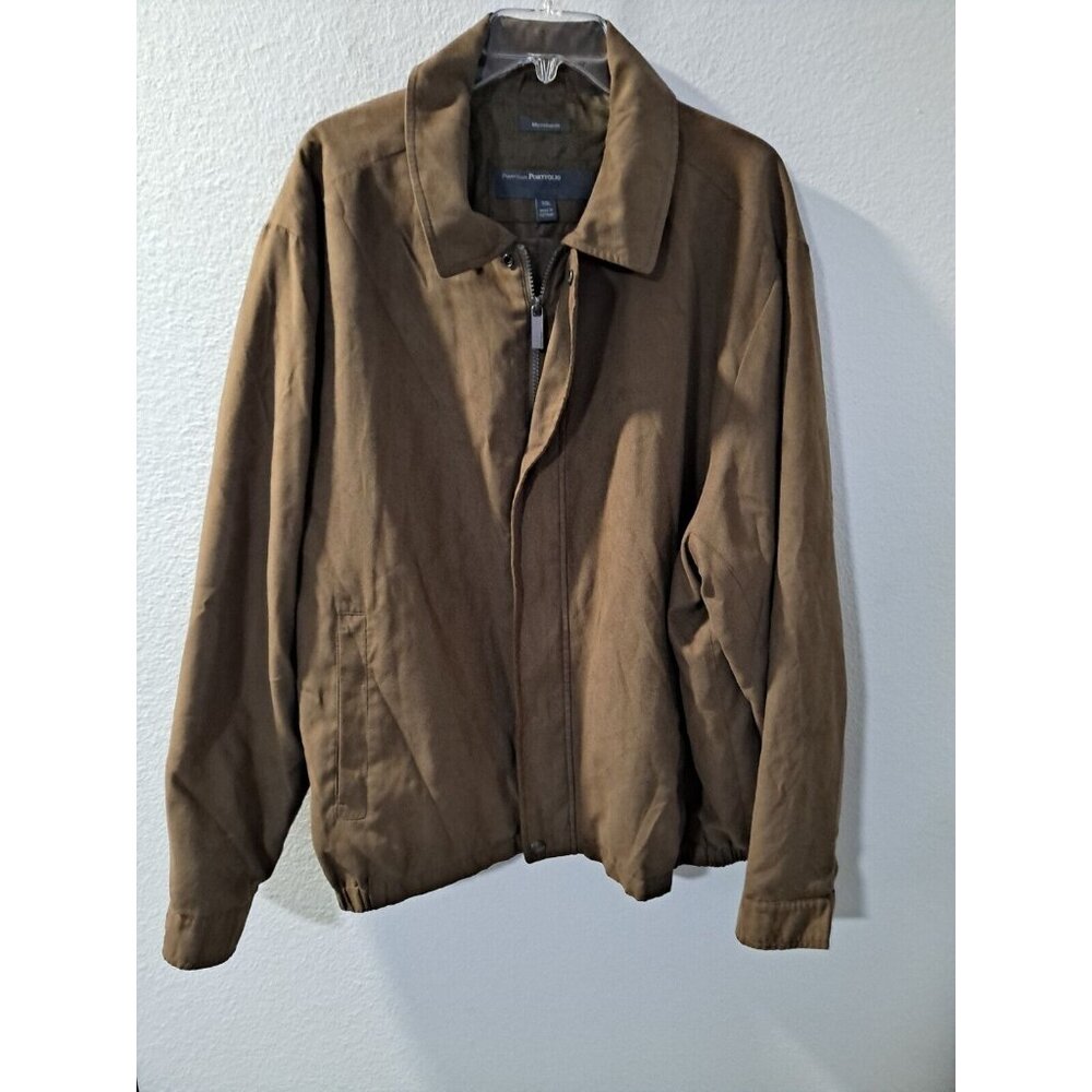 Perry Ellis Portfolio Men's Brown MicroSuede Full Zip Bomber Jacket Casual, 2XL